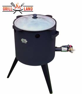 SET Gas-Feuerofen Utschak KOMFORT 37 cm, Stahl 3mm, mit 10L Kazan Usbekisch, aus Gusseisen mit Aludeckel, Boden flach