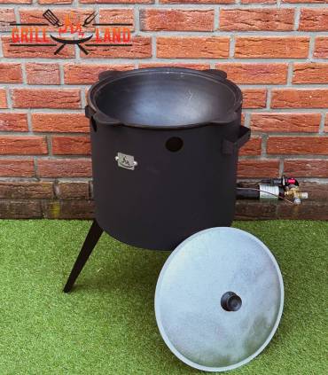 SET Gas-Feuerofen Utschak KOMFORT 37 cm, Stahl 3mm, mit 10L Kazan Usbekisch, aus Gusseisen mit Aludeckel, Boden flach