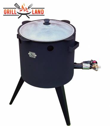 SET Gas-Feuerofen Utschak KOMFORT 37 cm, Stahl 3mm, mit 10L Kazan Usbekisch, aus Gusseisen mit Aludeckel, Boden rund