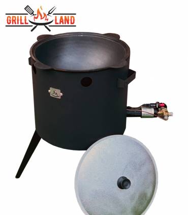 SET Gas-Feuerofen Utschak KOMFORT 37 cm, Stahl 3mm, mit 10L Kazan Usbekisch, aus Gusseisen mit Aludeckel, Boden rund