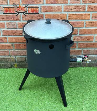 SET Gas-Feuerofen Utschak KOMFORT 37 cm, Stahl 3mm, mit 12L Kazan Usbekisch, aus Gusseisen mit Aludeckel, Boden rund