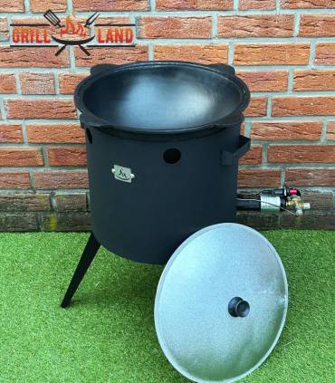 SET Gas-Feuerofen Utschak KOMFORT 37 cm, Stahl 3mm, mit 12L Kazan Usbekisch, aus Gusseisen mit Aludeckel, Boden flach