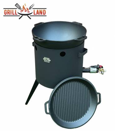 SET Gas-Feuerofen Utschak KOMFORT 37 cm, Stahl 3mm, mit 12 Liter Kazan Gusseisen Robari mit Grilldeckel aus Gusseisen