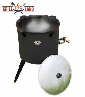 SET Gas-Feuerofen Utschak KOMFORT 40 cm, Stahl 3mm, mit 12L Kazan Usbekisch, aus Gusseisen mit Aludeckel, Boden rund