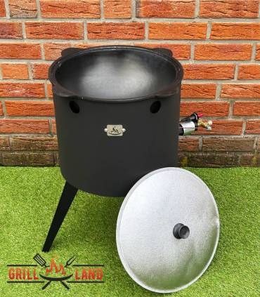 SET Gas-Feuerofen Utschak KOMFORT 40 cm, Stahl 3mm, mit 12L Kazan Usbekisch, aus Gusseisen mit Aludeckel, Boden rund