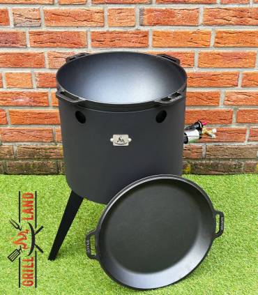 SET Gas-Feuerofen Utschak KOMFORT 40 cm, Stahl 3mm, mit 12 Liter Kazan Gusseisen Robari mit Pfannendeckel aus Gusseisen