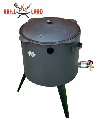 SET Gas-Feuerofen Utschak KOMFORT 45 cm, Stahl 3mm, mit 16L Kazan Usbekisch, aus Gusseisen mit Aludeckel, Boden flach