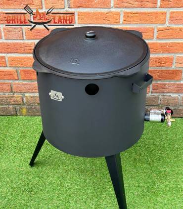 SET Gas-Feuerofen Utschak KOMFORT 45 cm, Stahl 3mm, mit 16L Kazan Usbekisch, aus Gusseisen mit Aludeckel, Boden flach