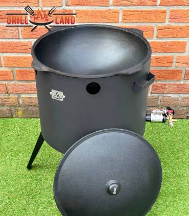 SET Gas-Feuerofen Utschak KOMFORT 45 cm, Stahl 3mm, mit 16L Kazan Usbekisch, aus Gusseisen mit Aludeckel, Boden flach