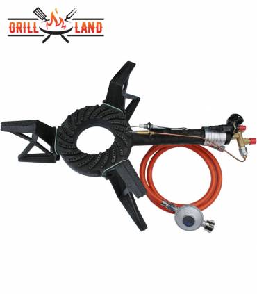 Gas-Hockerkocher Profi 7,5 KW 3-Fuß Hockerkocher 18 cm Gussbrenner mit Zündsicherung und Piezozünder inkl. Schlauch u. Regler